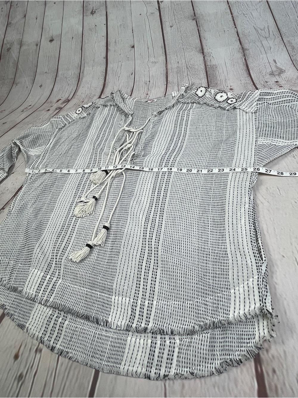 JOHNNY WAS boho tassel tie white & black embroidered cotton tunic top, size L - Picture 12 of 15